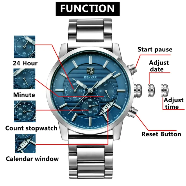 BENYAR Business Chronograph Sport All steel Men Watches Top Brand Luxury Military Quartz Male Watchwrist Clock Relogio Masculino 5