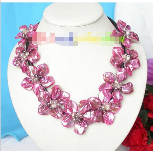 

baroque 9bloom pink seashell white pearls choker leather necklace j8181^^^@^Noble style Natural Fine jewe FREE SHIPPING