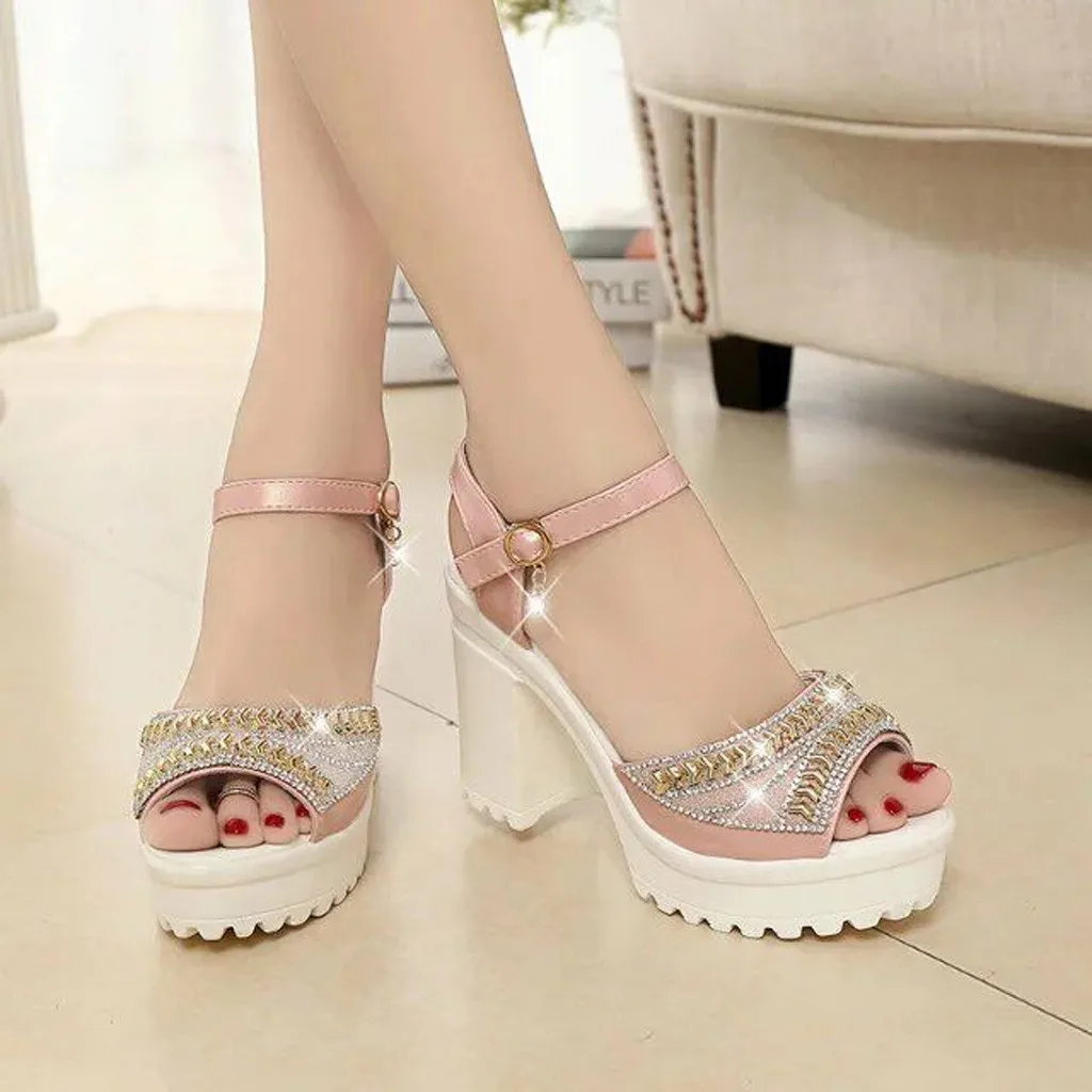 

2019 New Instyle Women's High Heel Thick And Muffin Heel With Buckle Open Toe Rhinestone Sandals Sandalias de las senoras sexy