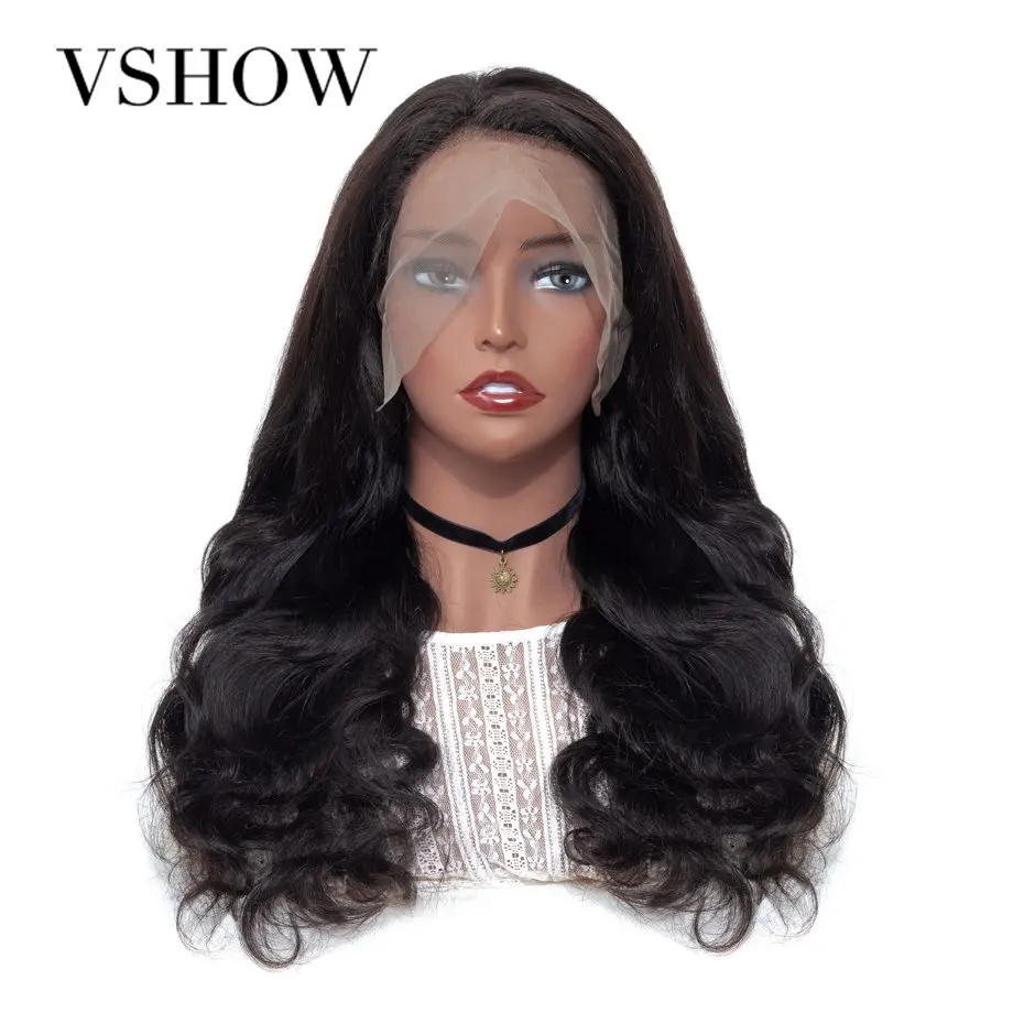 

VSHOW 13*4 Pre Plucked Human Hair Wigs Body Wave Brazilian Lace Front Wig With Baby Hair Natural Black Color Remy 130% Density