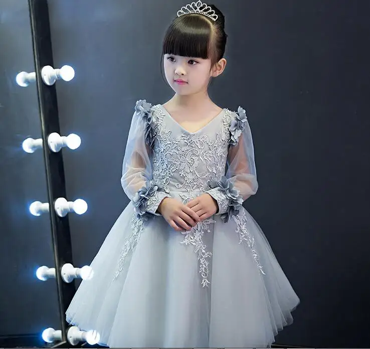 Новое поступление, Серебряное шифоновое платье принцессы с цветочным узором для девочек, вечерние платья для крещения, свадьбы, дня рождения, Детские платья-пачки, От 1 до 12 лет