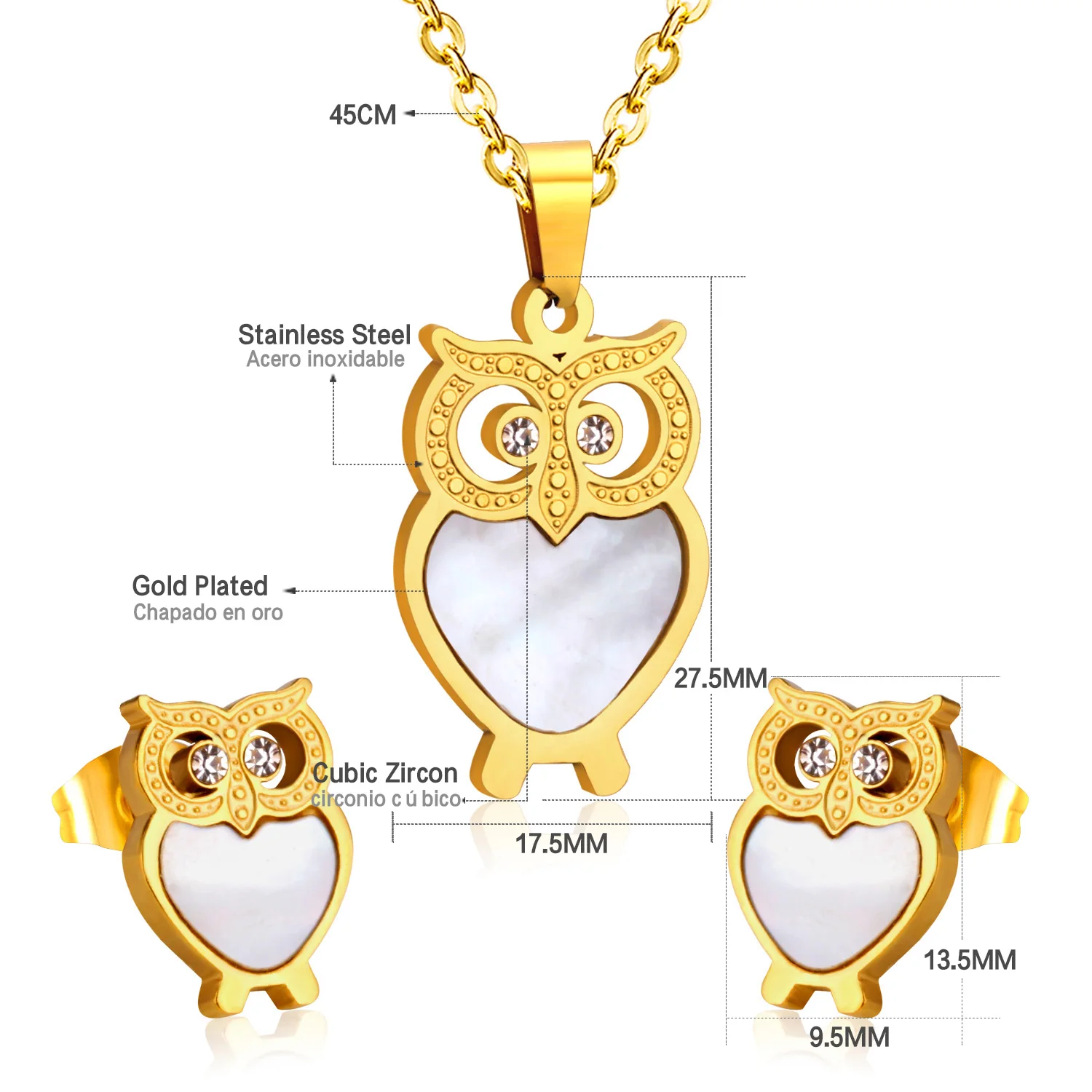 Комплект из колье и серёг LUXUSTEEL нержавеющей стали симпатичная подвеска с совой