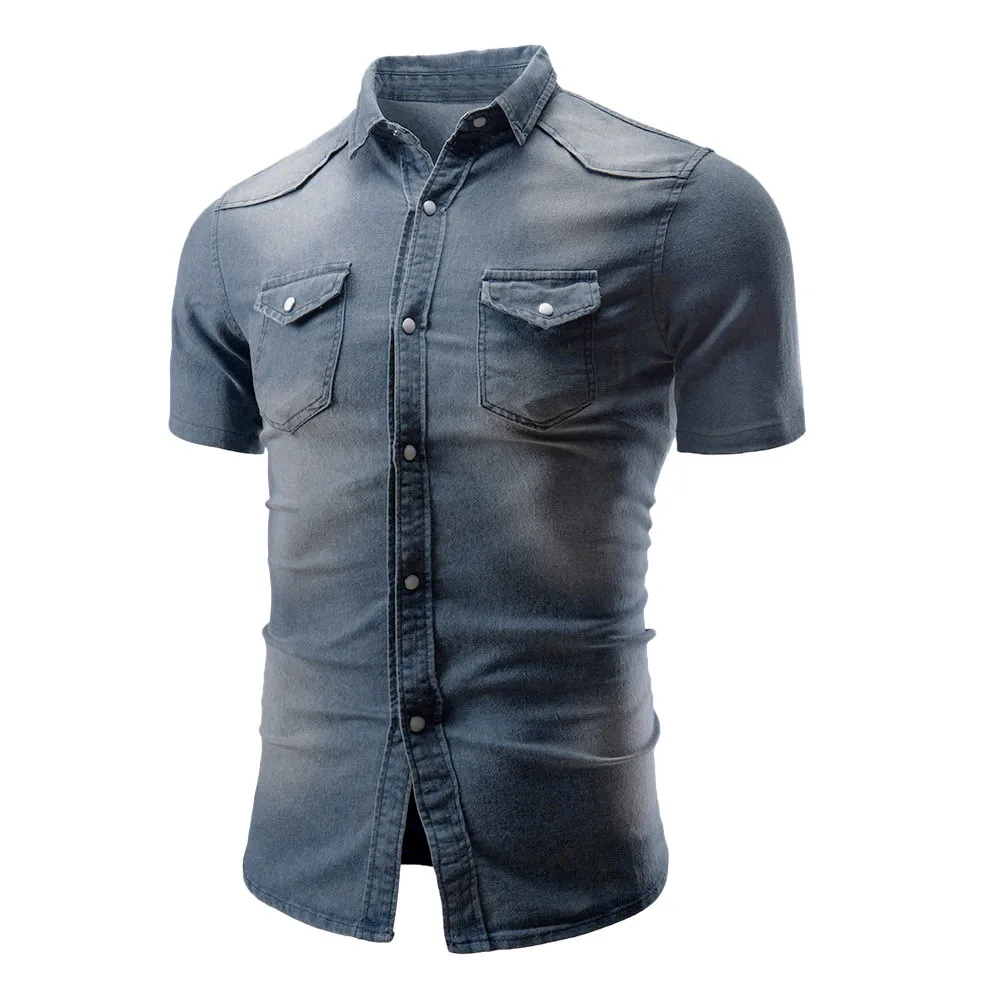 denim shirt men summer Fashion Casual Lapel shirt men short sleeve camisa hombre button up men jeans shirt Pocket d90629