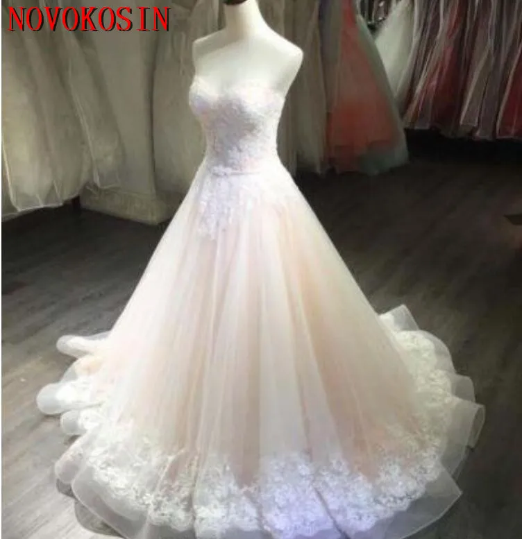 

Sweep Train Applique Beading Lace 2019 Wedding Bridal Dress Blush Pink Wedding Dress A Line Sweetheart Strapless Sleeveless Gown