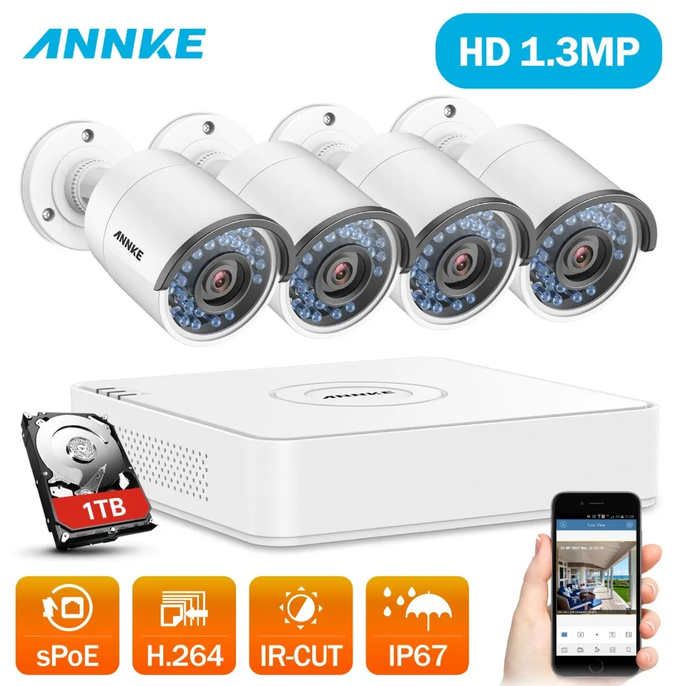 

ANNKE 4ch 960P HD SPoE NVR 4 Outdoor Indoor IP67 Weatherproof IP Camera System 100ft Night Vision Plug and Play Video CCTV Kits