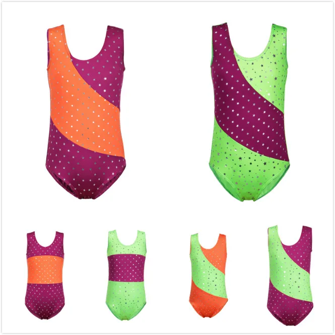 

One-piece Shinning Star Gymnastics Dress Ballet Suit Dancing Leotard Dancewear 2-11Y Baby Girls Splice Color Practice Costume