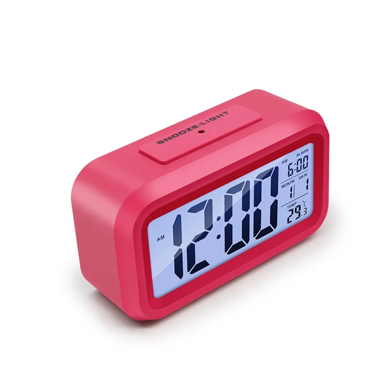 Digital Alarm Clock Time Data LCD Display Snooze Function Electronic BackLight Sensor Nightlight Office Table Student Kids Clock
