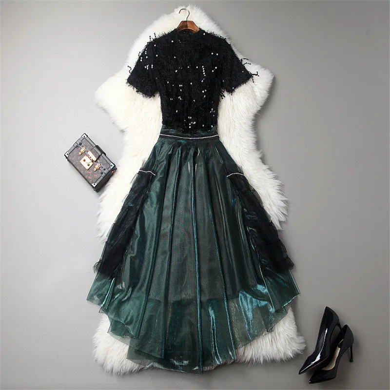 

2018 Summer Women Mid Calf Skirt Suit Set Elegant Ladies Short Sleeve Tassel Top+Irregular Skirt Set Two Piece Party Outfits