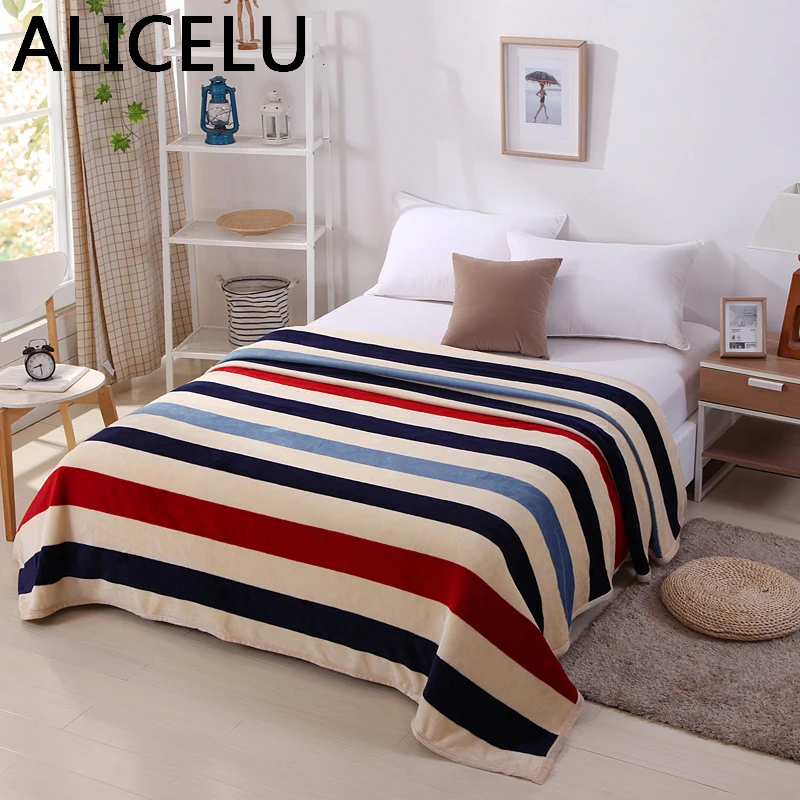 ALICELU Bedding Blanket Striped Printed Coral Fleece Fabric Widen Bed