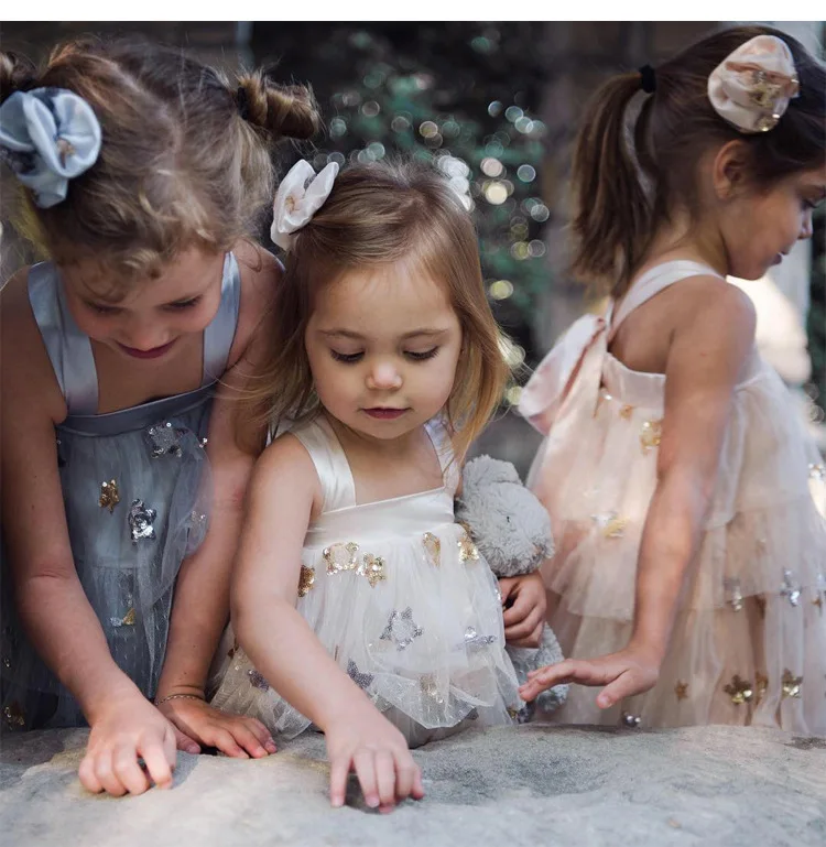 kids dresses girls dress princess dresses star lace luxury party girl twins sleeveless shoulerless