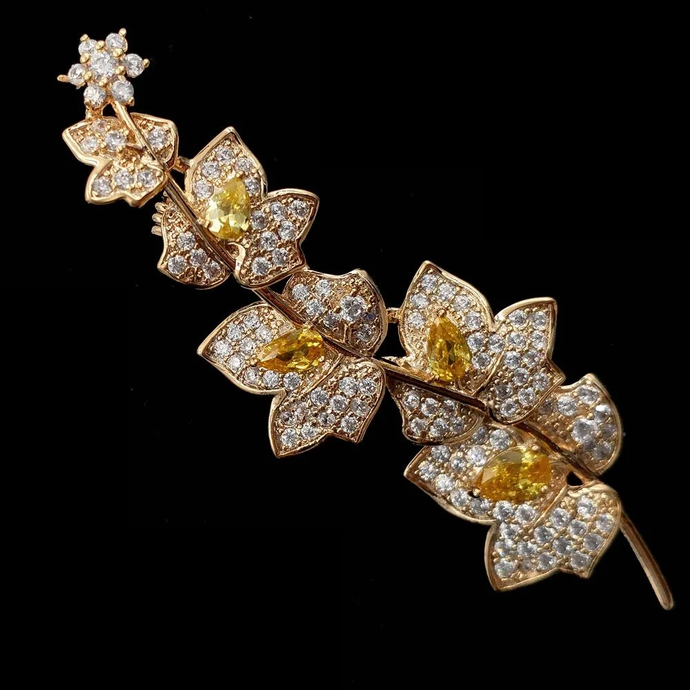 Charming Elegant Vine Plant Branch Yellow Flowers Brooch Gold Tone Micro Pave and Pear Shaped CZ Floral Vane Pin Bridal Jewelry