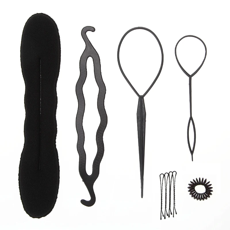 

6Pcs Hairstyling Tool Kit Sponge Twist Donut Bun Updo Bride Styling Ponytail Elastic Bands Pins Clips Magic Easy Braid Accessory