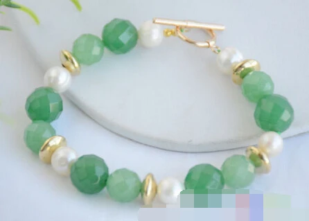 

Hot sell Noble- FREE SHIPPING>>>@@ > 01353 round faceted green jade white freshwater pearl bracelet