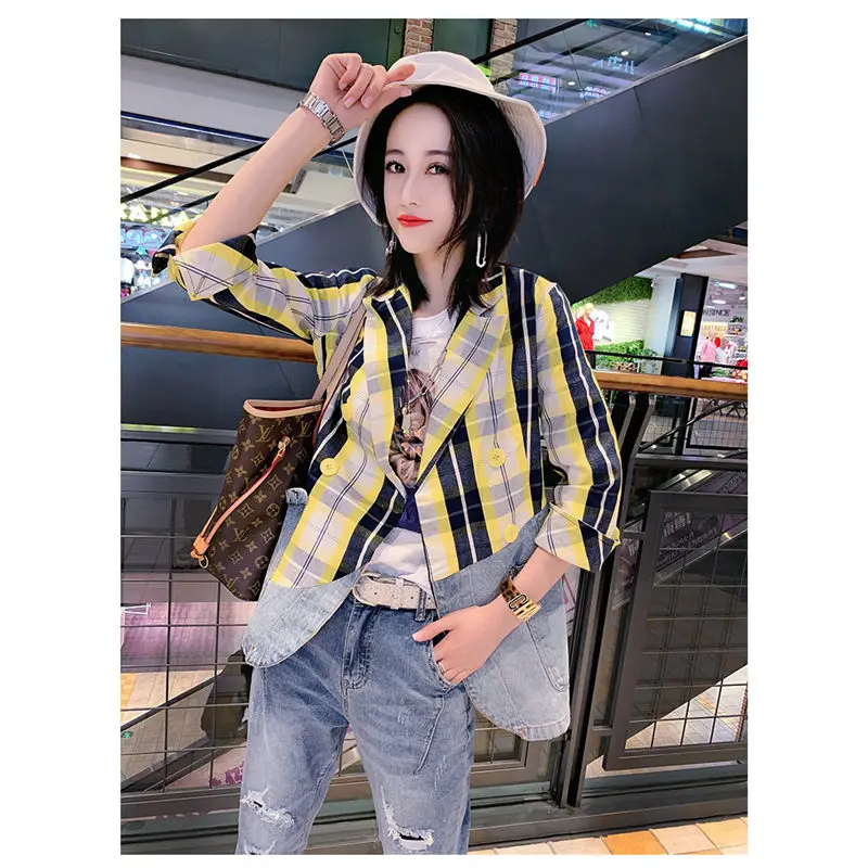 Новинка Harajuku клетчатая куртка для женщин Блейзер пальто деним пэчворк