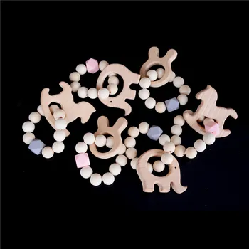 

Baby Rattle Stroller Accessories Wooden Baby Bracelet Animal Shaped Jewelry Teething For Baby Organic Wood Silicone Beads