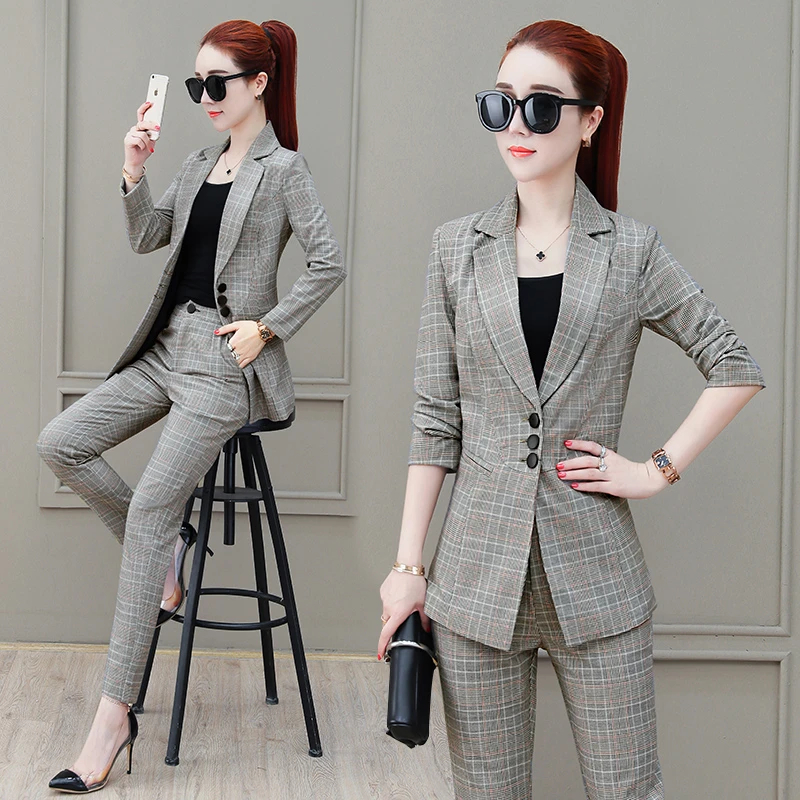 Traje pequeño moda temperamento nueva mujer otoño cuadros rayas ajustadas coreanas abrigo bonito de dos piezas|Trajes pantalón| - AliExpress