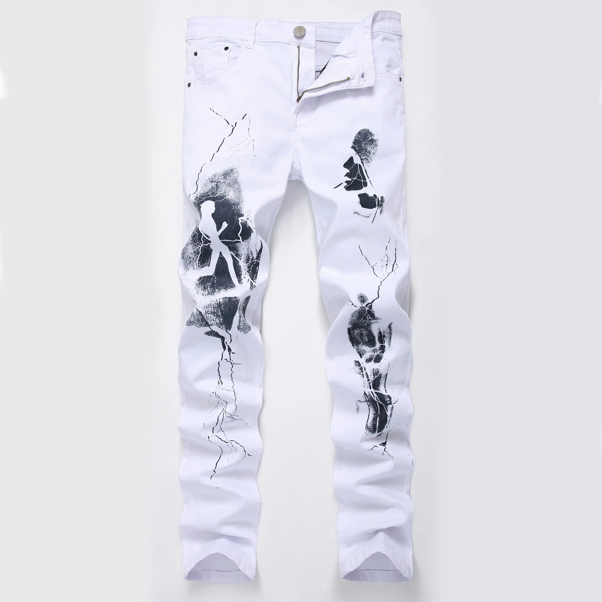 

2019 Fashion European and American fashion casual Slim stretch men's white print tide jeans men skinny jeans pants