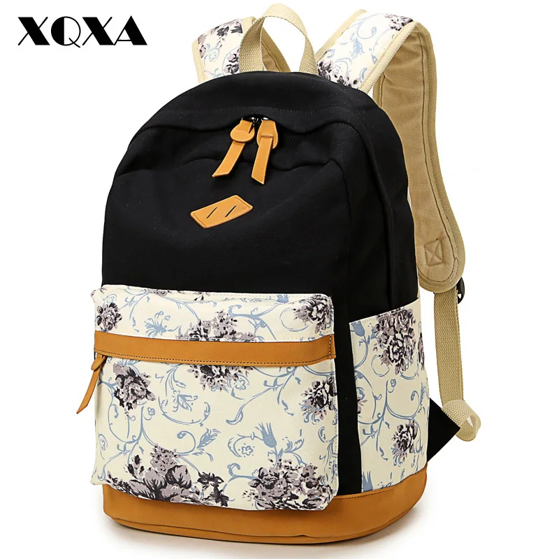 XQXA Brand Quality Floral Canvas Bag Backpack School for Teenager Girl Laptop Bag Printing Backpack Women