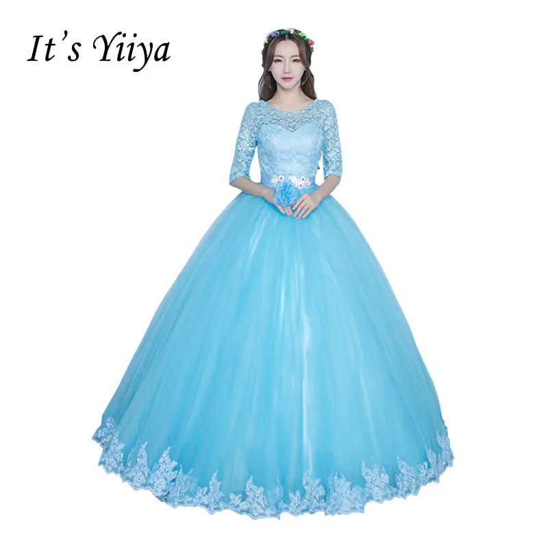 

2017 Light Blue Half Sleeves Princess Wedding Dresses Floor Length Illusion Tulle Bride Gowns Vestidos De Novia Casamento T-055