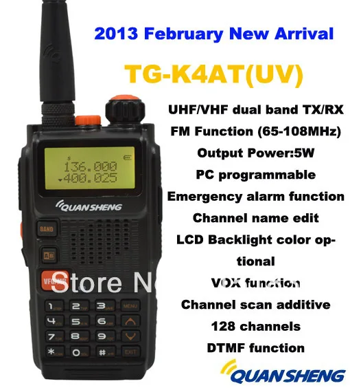 

Freeship New 2013 Quansheng TG-K4AT(UV) Dual Band two way radio5W 128CH FM Portable two way CB ham radio quansheng walkie talkie