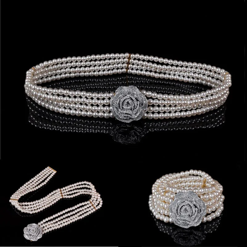 Fashion Women silver Rhinestone Flower belt pearl elastic belts for