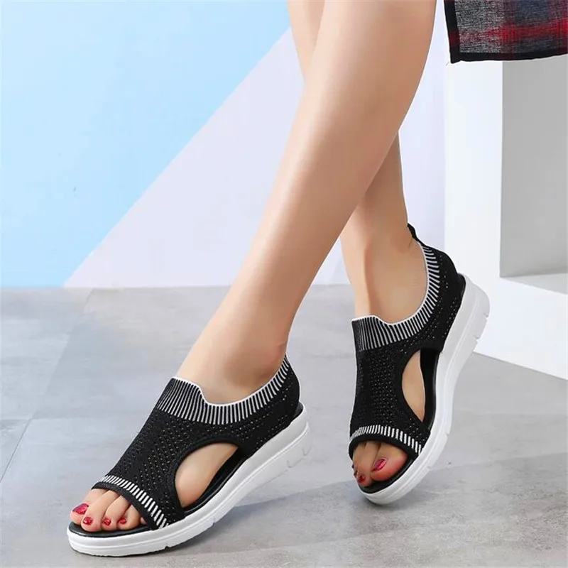 

2019 summer flying woven women's sandals wild fish mouth mesh face casual fashion large size 8 color matching 35-45#