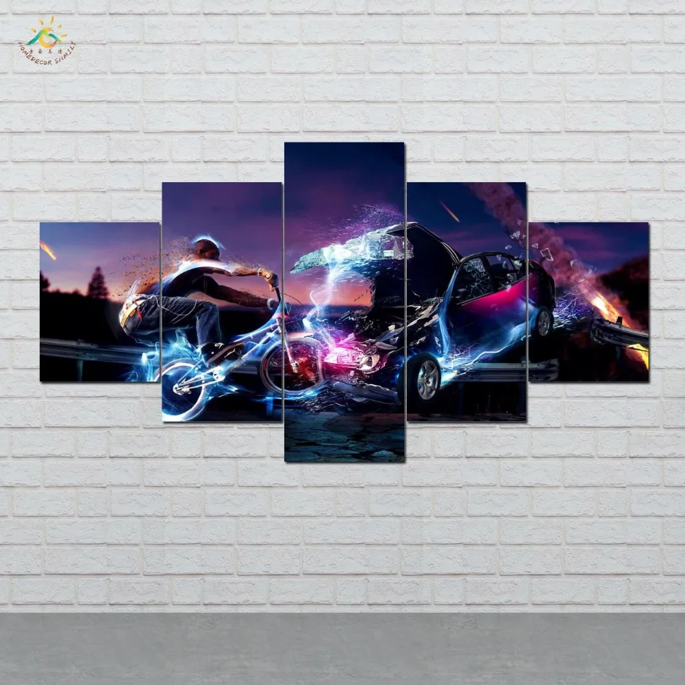 

Abstract Bike Collided Car Picture And Poster Canvas Painting Modern Wall Art Print Art Wall Pictures For Living Room 5 PCS