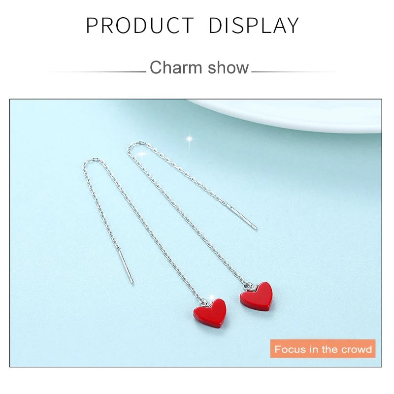 

New Pendant Red Silver Color Heart-shapted Earrings for Women Fashion Statement Lengthen Tassel Dangle Earrings Jewelry Gift