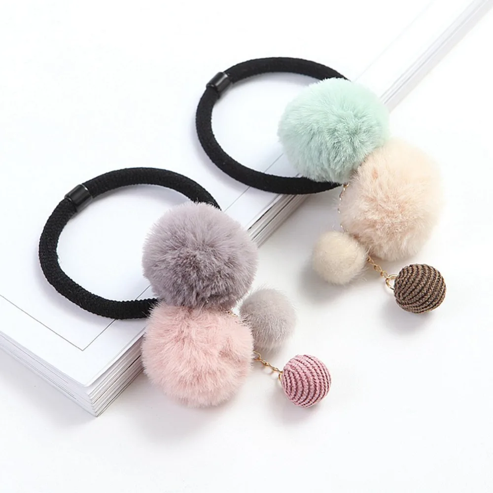 Girls Hair Accessories Colorful Pompon Elastic Hair Bands Rings Cute Creative Faux Fur Ball Hair Rope Lovely Rubber Scrunchies