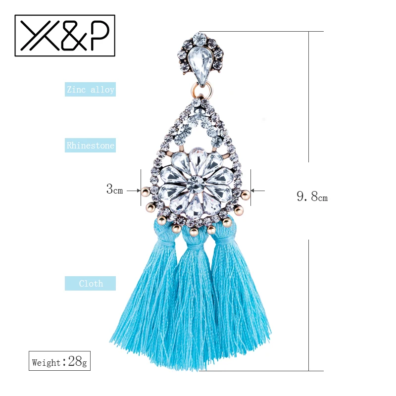 X&P Vintage Geometric Cubic Zirconia Long Tassel Drop Earrings for Women Decorations Fashion Bohemian Ethnic Color Big Earring
