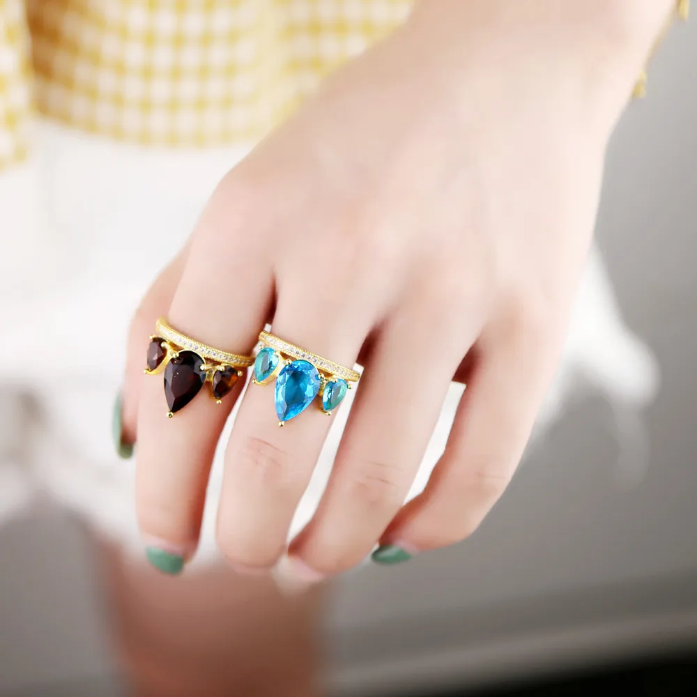 2020 Luxury Fashion 3 Bling Waterdrop-shaped Coffee/blue Crystal Brand Women Rings Gold Filled Paved Mini Clear CZ Party Jewelry | Украшения