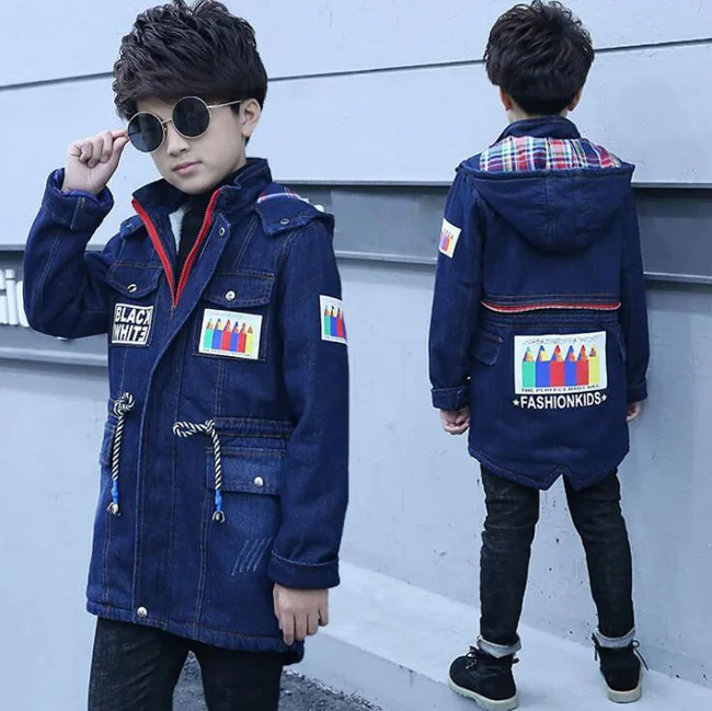 

Boys Girls Blue Jeans Windbreaker Winter Thickened Warm Jacket 2018 New Children's Hooded Denim Coat For 4 6 8 10 12 14 Years