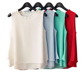 

Plus Size 4XL 2016 Summer New Women Sleeveless Loose Ruffle Shirt Chiffon Blouses Tops Solid Casual Loose Feminine Blouses