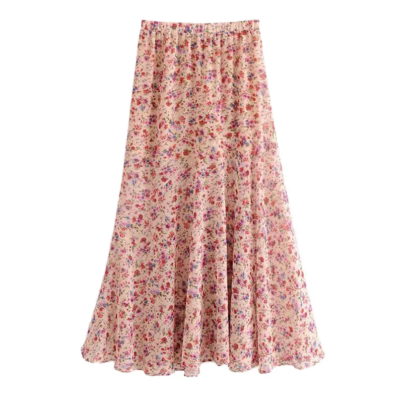 

Women Sweet Floral Print Midi Skirt Faldas Elastic Waist Fly Design Female Summer Casual Stylish Skirts FFZBQ71