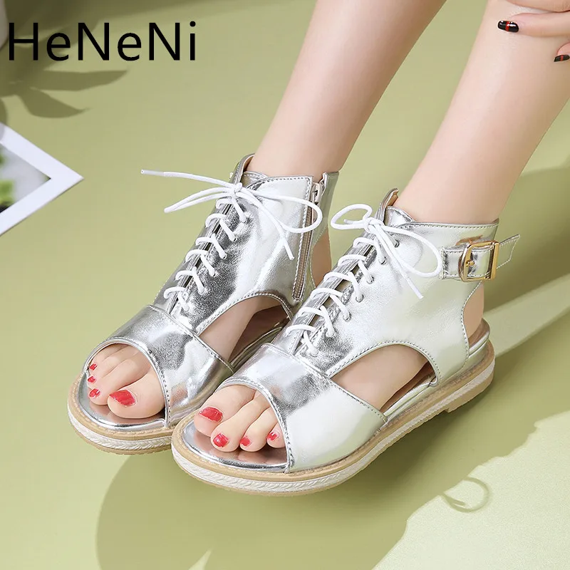 Women Roman Sandals Flat Sandals Hollow Cross Lace Up Gladiator Open ...