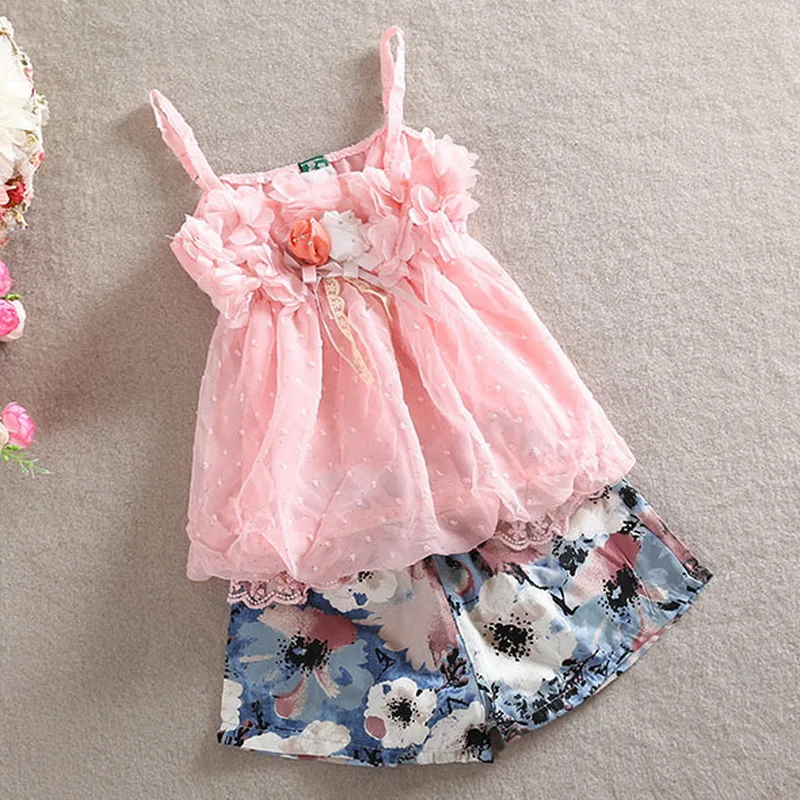 

Infant Baby Chiffon Halter Shirt + Floral Shorts Suit Kids Summer Sleeveless Lace Tee Shirt & Beach Shorts Set for Girls 0-2Y