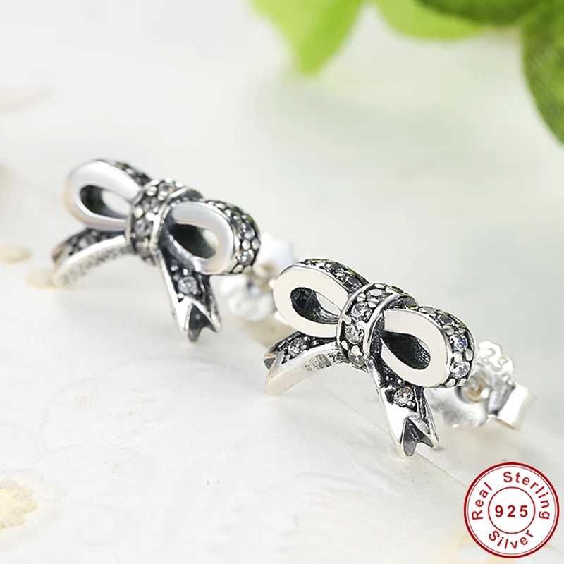 

100% Authentic 925 Sterling Silver Dazzling Bowknot Stud Earrings With CZ For Women Compatible with Fashion Jewelry Wholesale
