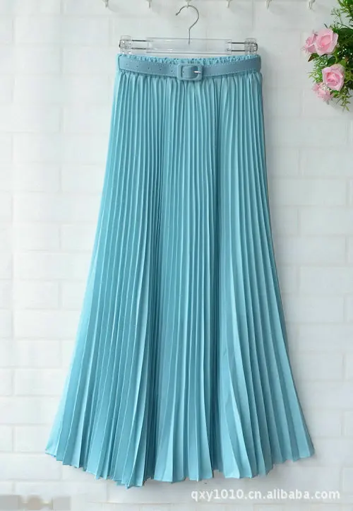 Womens Skirt Belt High Waist Solid Color Retro Maxi Chiffon Pleated Elegant Long Skirt Summer Skirt Womens New 13 Styles - Цвет: Зеленый