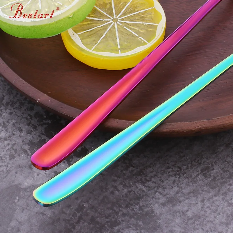 Beste 8 PCS Rainbow Lange Steel 304 Roestvrij Staal Koffie Lepel Mengen Lepels set fruit Ijs Dessert Thee Lepels Drinken gereedschap