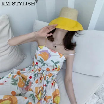 

2019 Spring/Summer New Fruit Print Spaghetti Strap One-piece Dress Women's Fresh Medium Long Strapless Dress