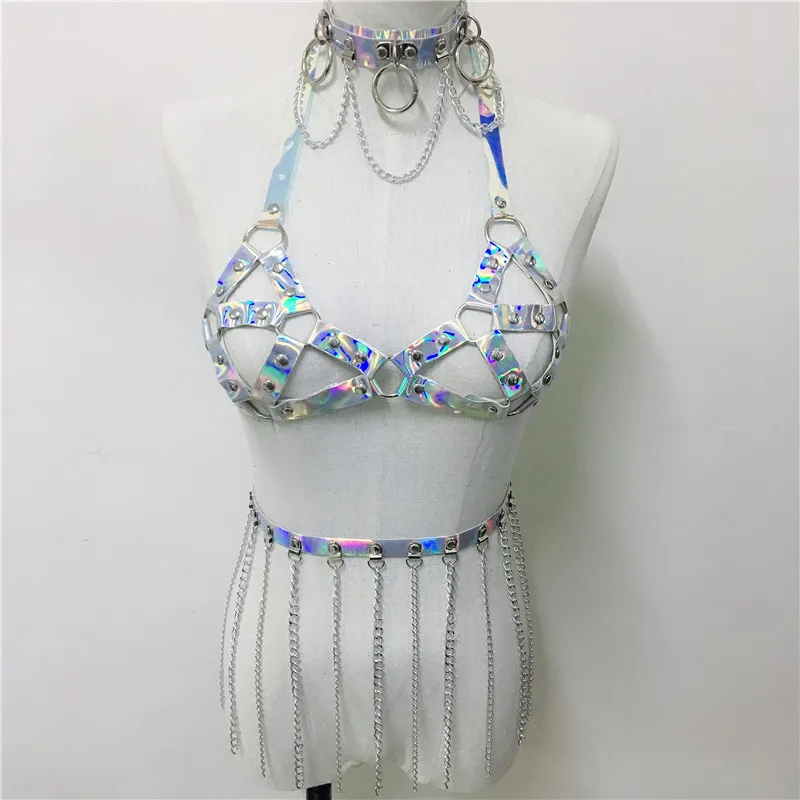 

Summer Shiny Laser Holographic 3 Piece Sets Metal Chain O Ring Choker Sexy Women Tops Link Chain Mini Skirt Club Party Outfits