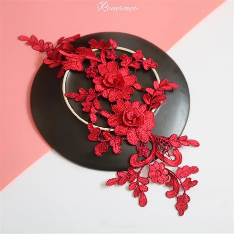 

2Pcs New polyester 3D Embroidery Burgundy Clothes Decal Patch Lace Patch for Wedding Dresses 36X15.5cm SX322