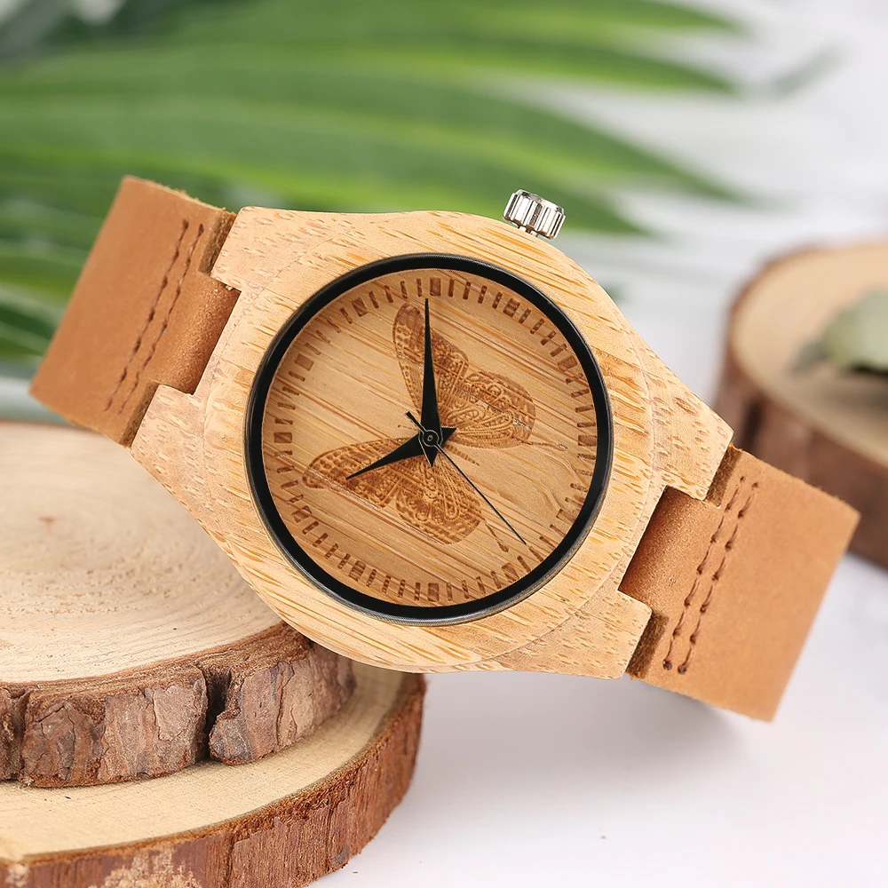 Красивые деревянные часы с украшением в виде бабочки для девушек и женщин, бамбуковые наручные часы ручной работы, кварцевые часы relogio feminino