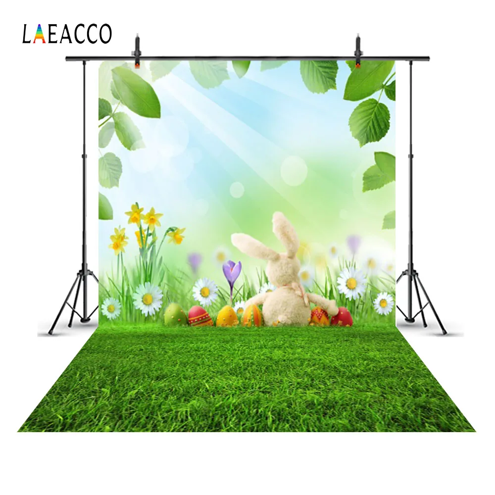 

Laeacco Spring Easter Eggs Rabbit Floret Grassland Photography Backgrounds Customized Photographic Backdrops For Photo Studio