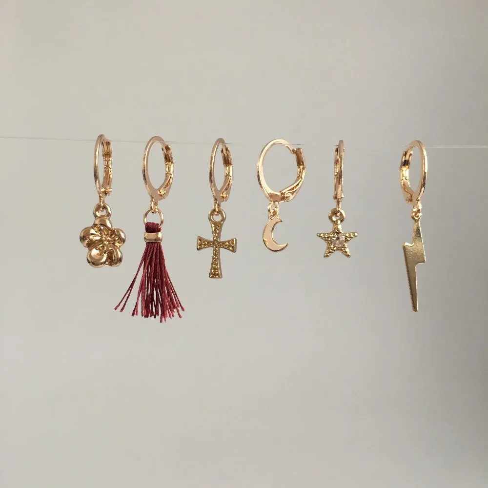 

FASHION JEWELRY GOLD COLOR PLATING STAR MOON CROSS TASSEL FLOWER CHARM SMALL HOOP EARRING SET FOR WOMEN GIRL