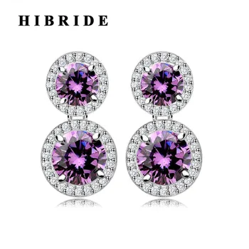 

HIBRIDE New Design Double Round Purple Cubic Zircon Drop Earring Beautiful Women Bridal Earring Engagement Gfts E-502