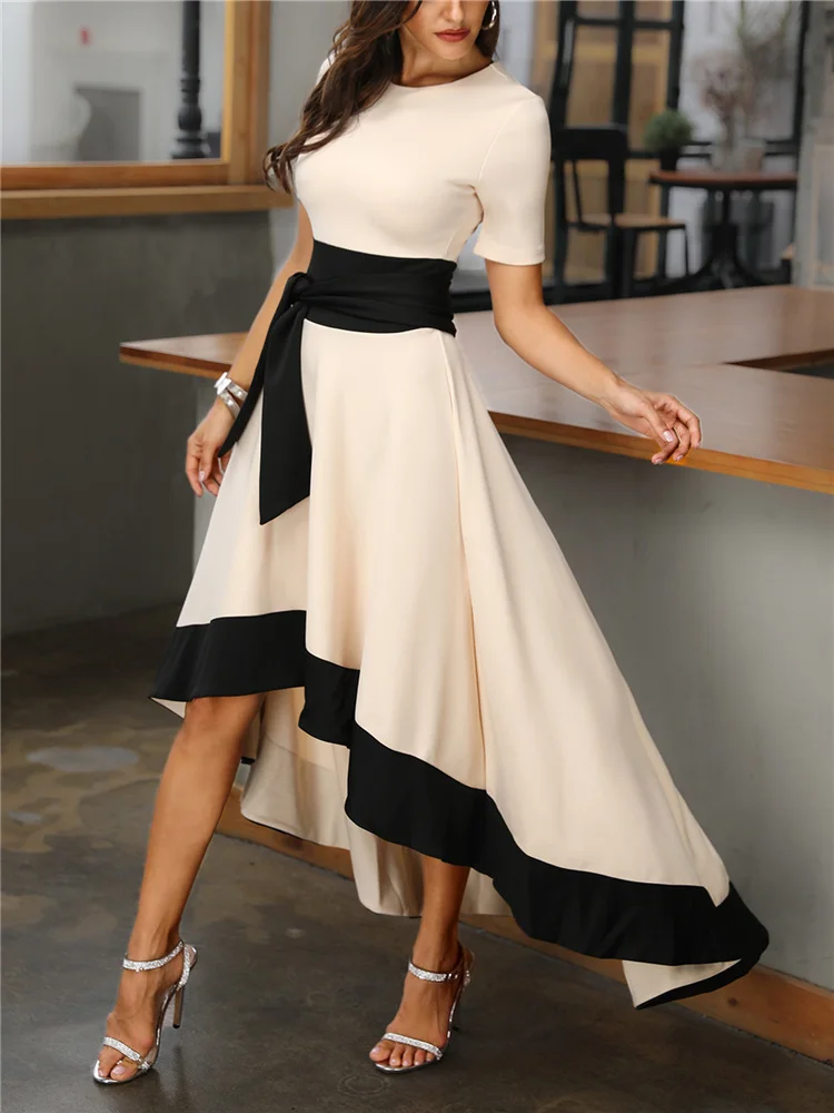 

Elegant Short Sleeve Colorblock Insert Dip Hem Dress Women Prom Formal Party Dress Big Swing Irregular Long Dress