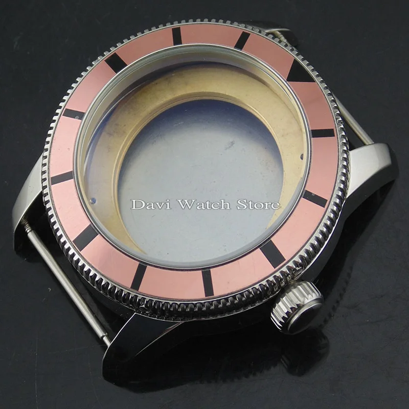 

46mm silver case pink bezel Steel Watch Case fit ETA 2836,DG2813/3804,Miyota 8205/8215 movement