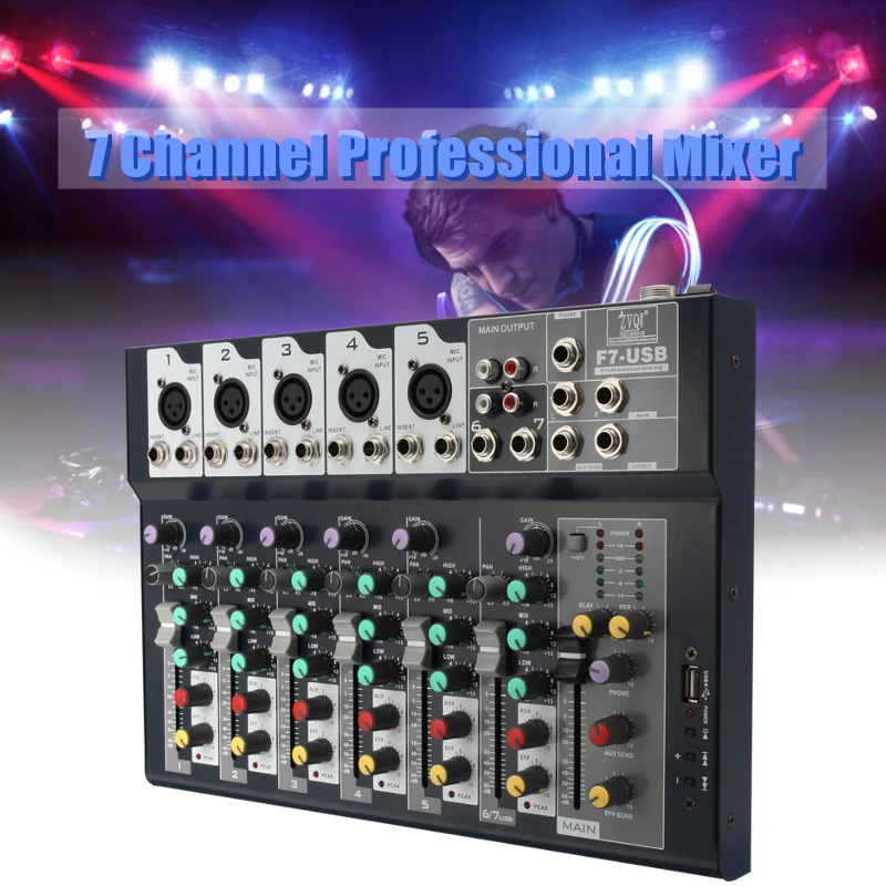 

7 Channel Professional Stage Live Studio Audio Mixer USB Mixing Console DJ KTV Show Percussion Instruments Parts