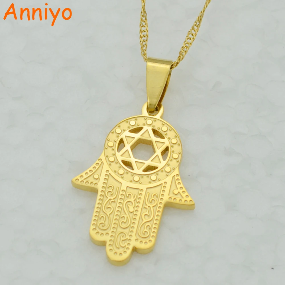 Anniyo Hexagram/Hamsa Hand Pendant Necklace,Magen David Necklace Gold